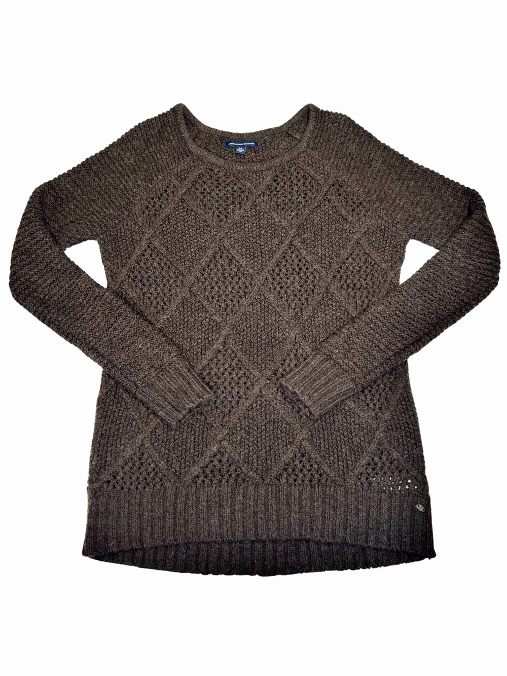 AEO Sweater Wool Blend Argyle Open Weave Diamond Knit Fuzzy Cabin Brown Small S